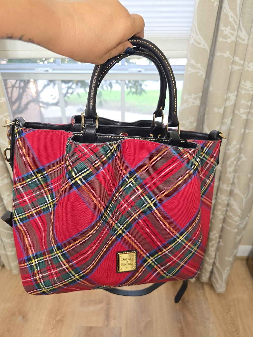Dooney & Bourke Red Plaid Tote Bag with Black Trim